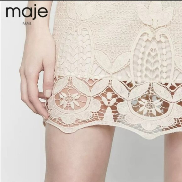 Maje Paris Creme Ecru Rye crochet sleeveless  mini dress lace hem racerback 3 - Picture 3 of 16